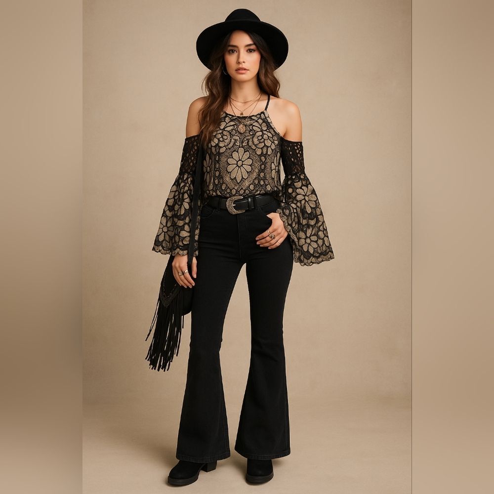 Black Tan Lace Off Shoulder Top 8 Bell Sleeve Sheer Floral Festival Blouse Boho